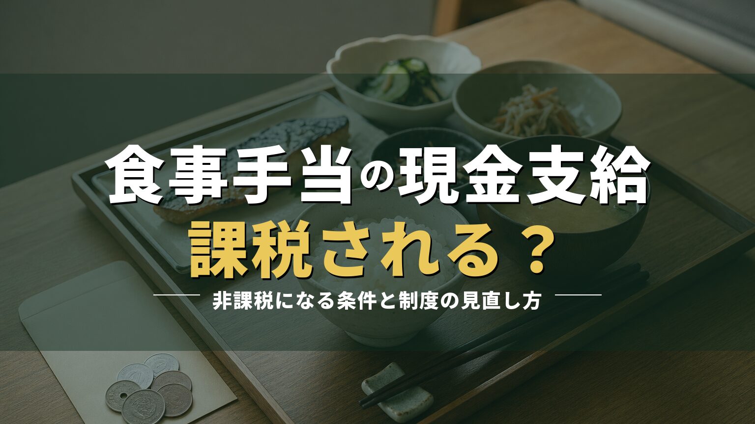 定食と給与袋の写真に「食事手当の現金支給 課税される？」の見出しを重ねたアイキャッチ