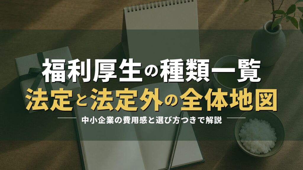 机の上のノートやカレンダーの写真に「福利厚生の種類一覧」の見出しを重ねたアイキャッチ