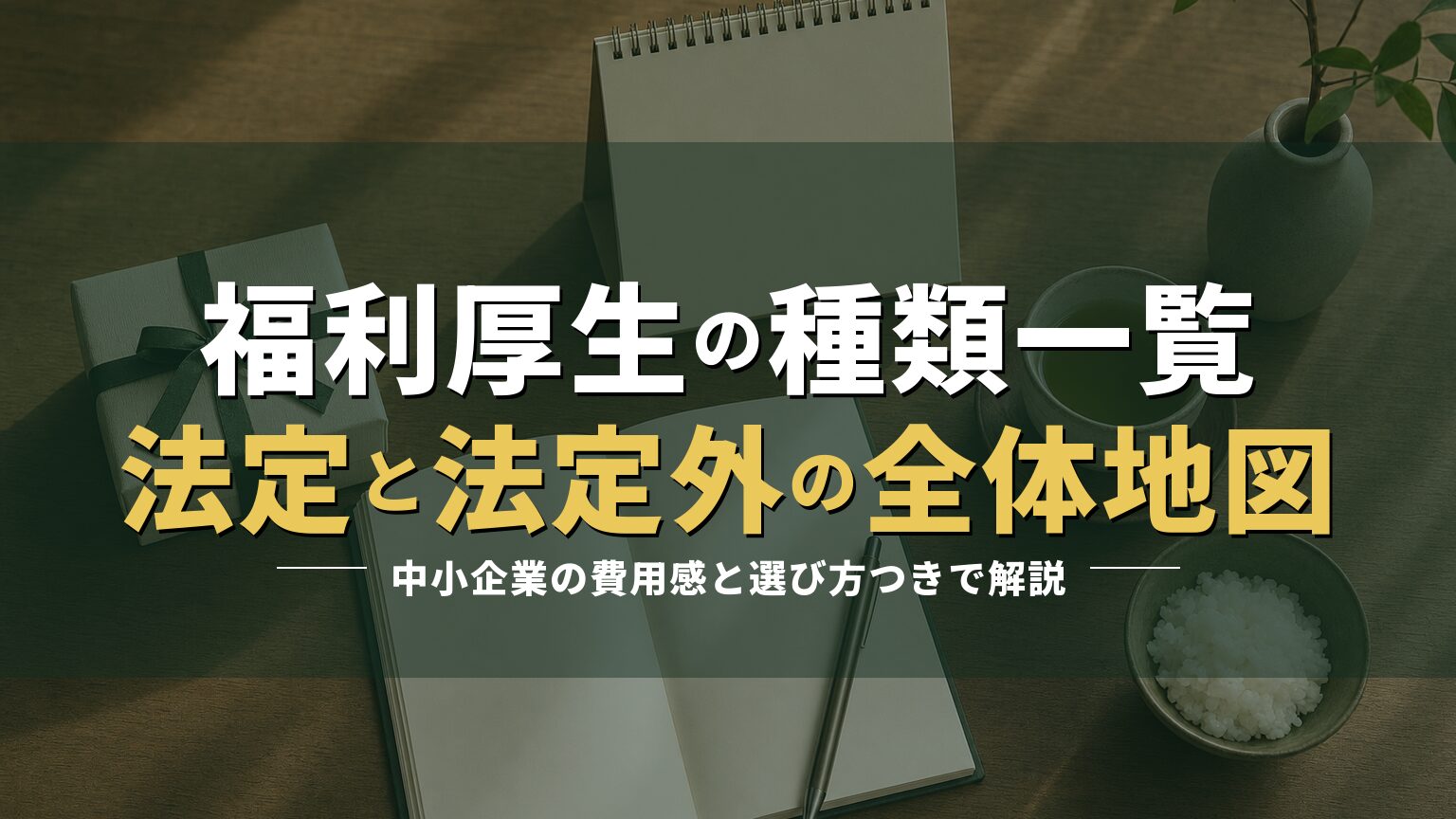 机の上のノートやカレンダーの写真に「福利厚生の種類一覧」の見出しを重ねたアイキャッチ