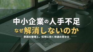 机の上の求人票と筆記具の写真に「中小企業の人手不足 なぜ解消しないのか」の見出しを重ねたアイキャッチ