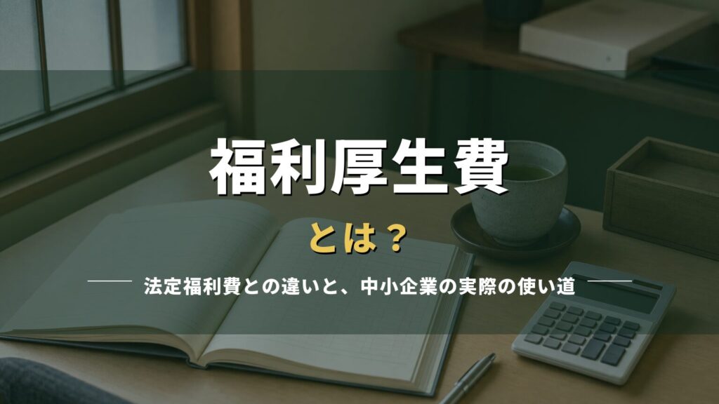 帳簿と電卓が置かれた事務机の写真に「福利厚生費とは？」の見出しを重ねたアイキャッチ