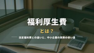 帳簿と電卓が置かれた事務机の写真に「福利厚生費とは？」の見出しを重ねたアイキャッチ
