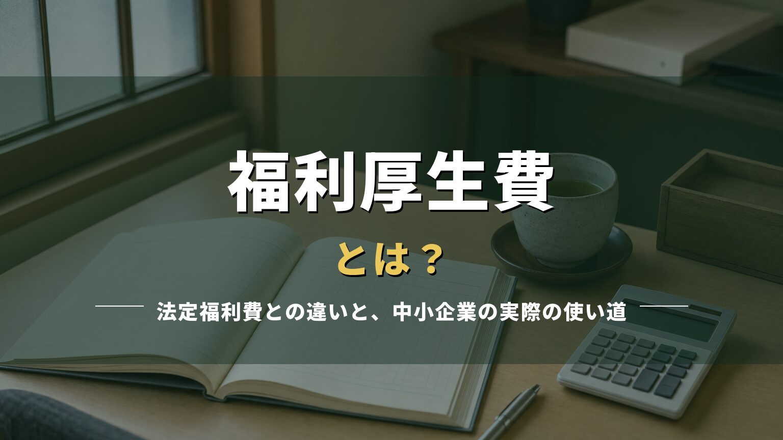 帳簿と電卓が置かれた事務机の写真に「福利厚生費とは？」の見出しを重ねたアイキャッチ